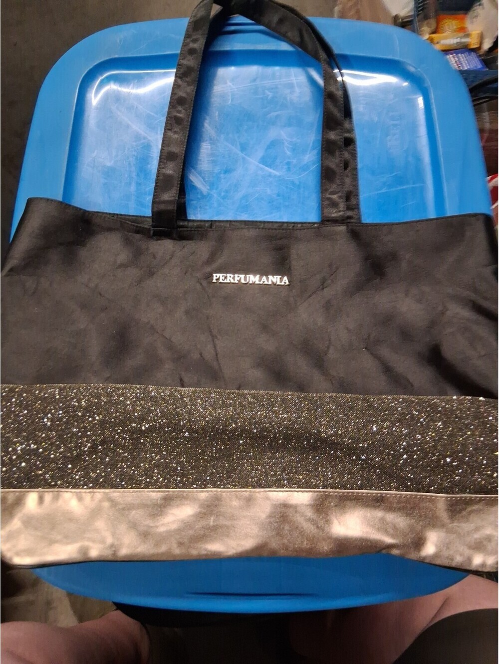 Perfumania Black & Metallic Pink Large Tote Bag w/ Silver Glitter 19" by 13"
